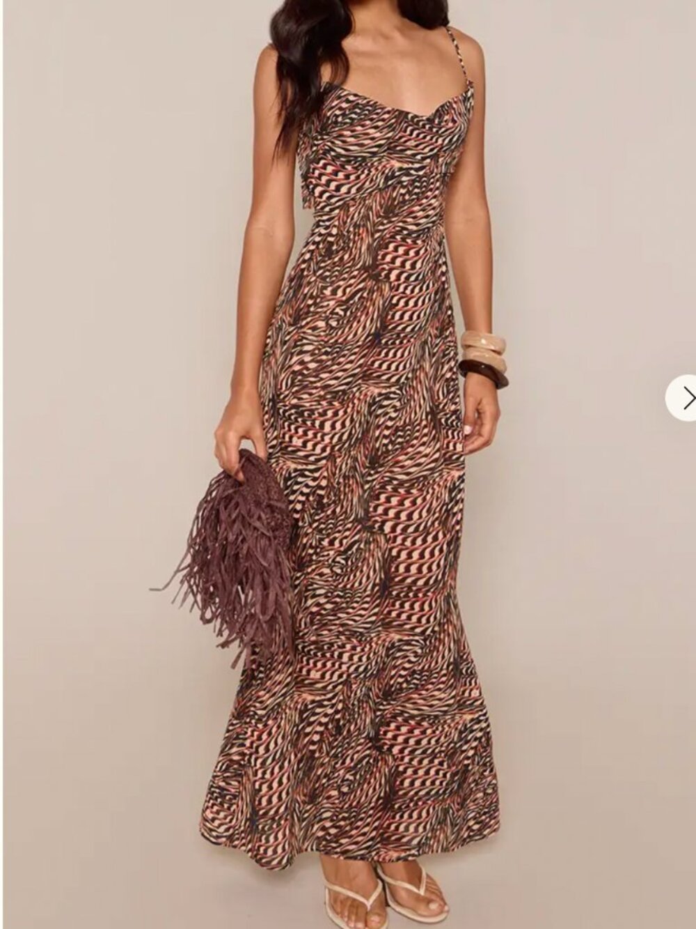 Brown Abstract Print Chiffon Cowl Neck Maxi Dress